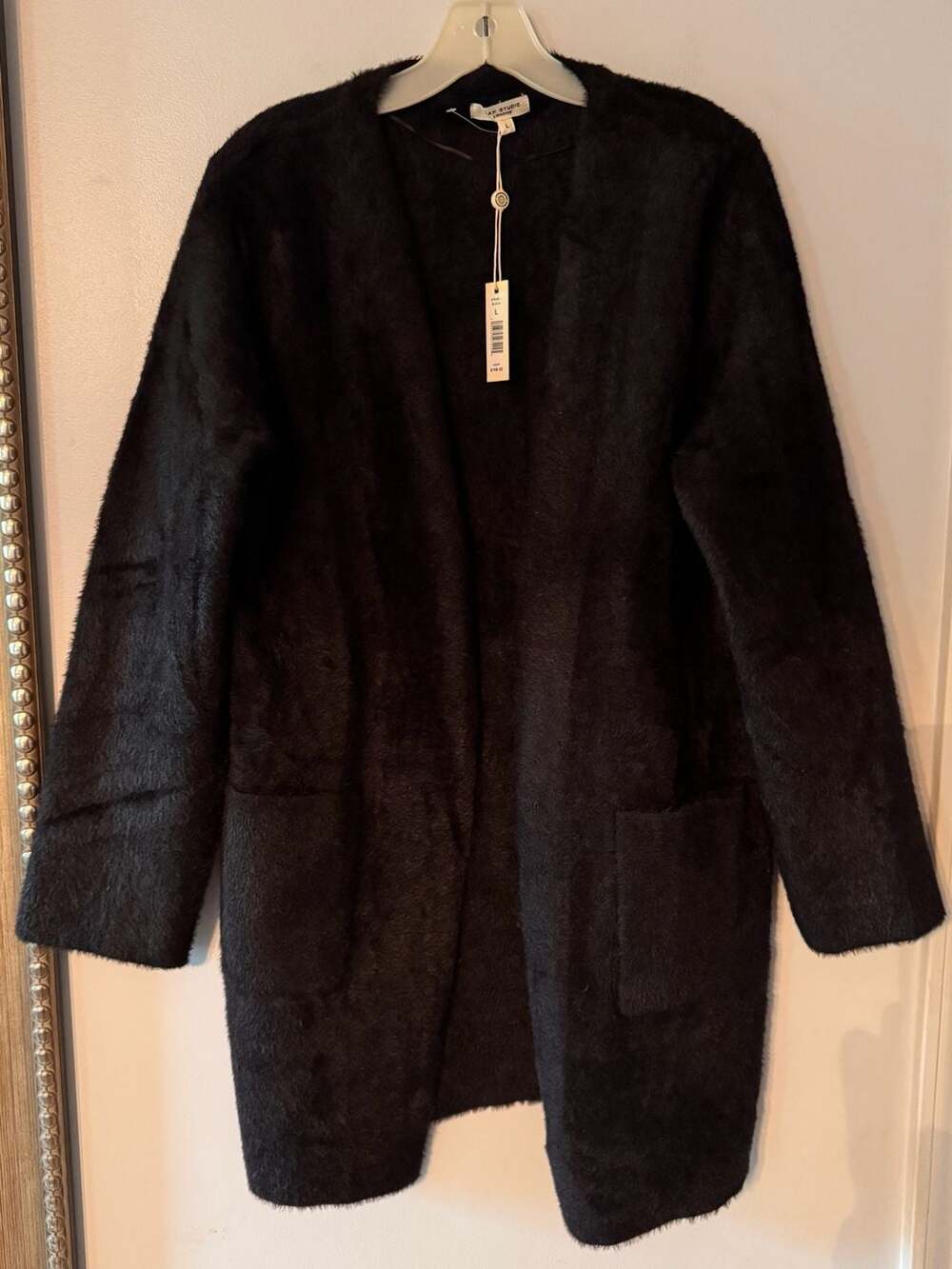 Gothcore Dark Acadamia Black Fuzzy Eyelash Knit Open Front Cardigan Coat Size L